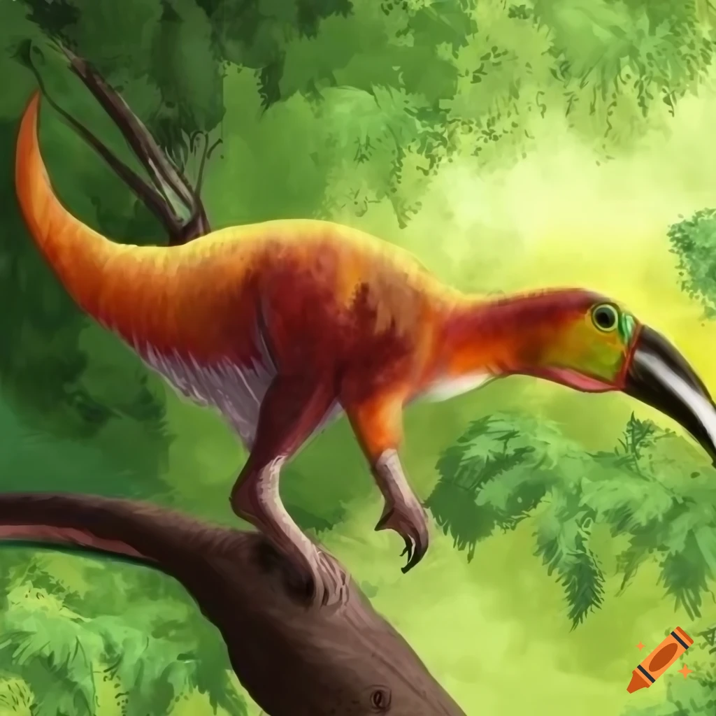 Tree-climbing feathered hybrid dinosaur with skunk-like color pattern and toucan-like head