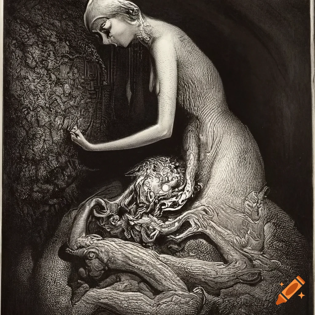 Surreal mezzotint artwork of a lady in a dark setting with a renaissance vibe