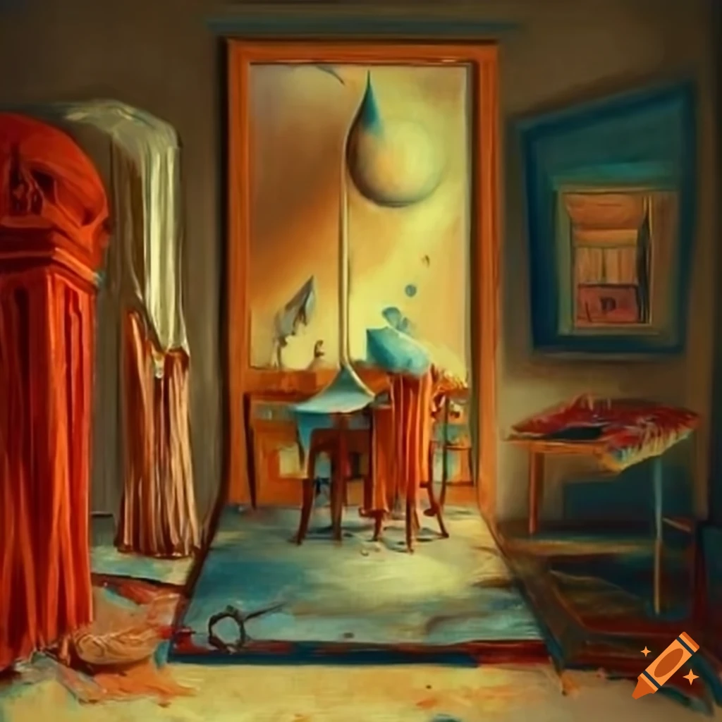 Surrealist oil painting in a room in the morning
