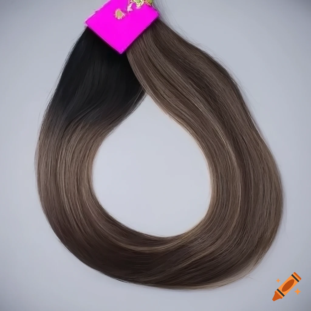 Shiny black wavy hair extensions wrapped with gold string and pink tag on white background