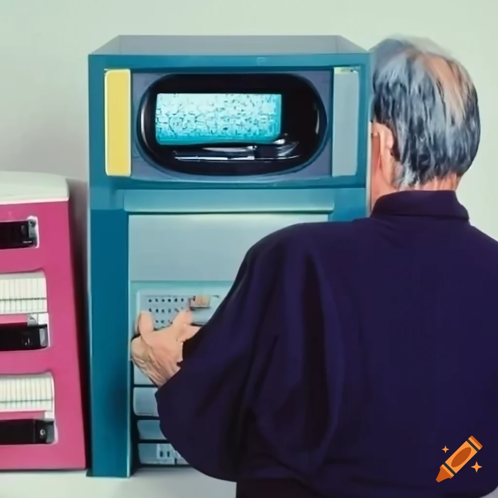 Old man and woman playing synthesizer in a retro video game setting