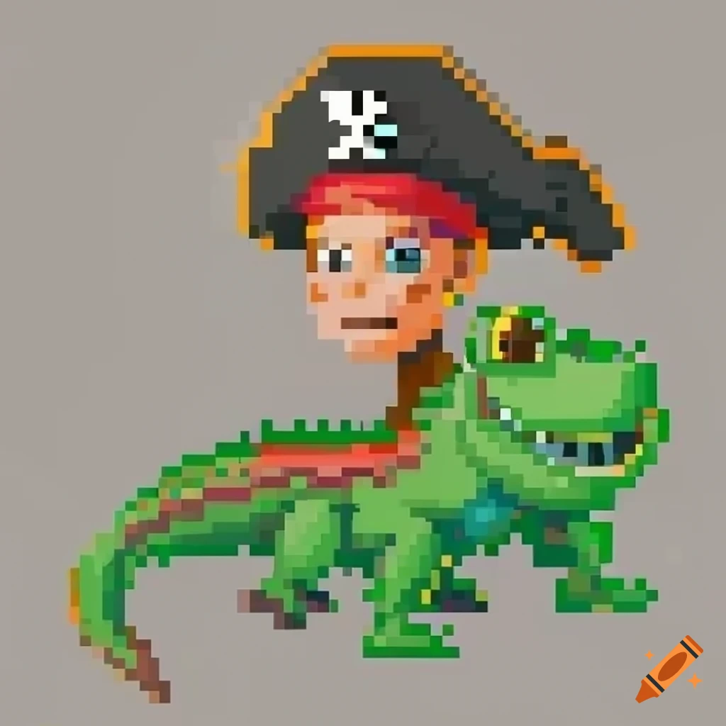 Pixel cartoon square pirate and lizard with pirate hats