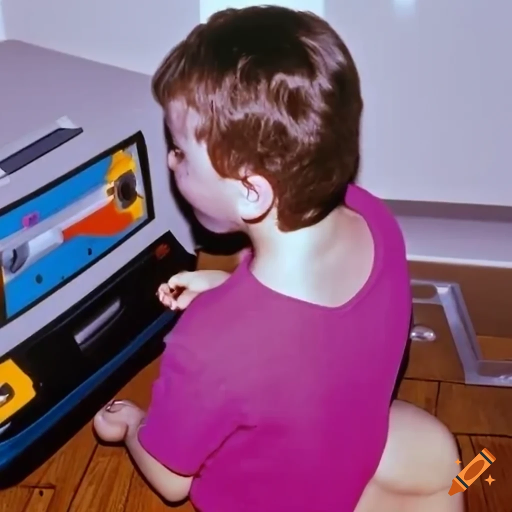 Child playing cassette tapes in a video game console in a colorful