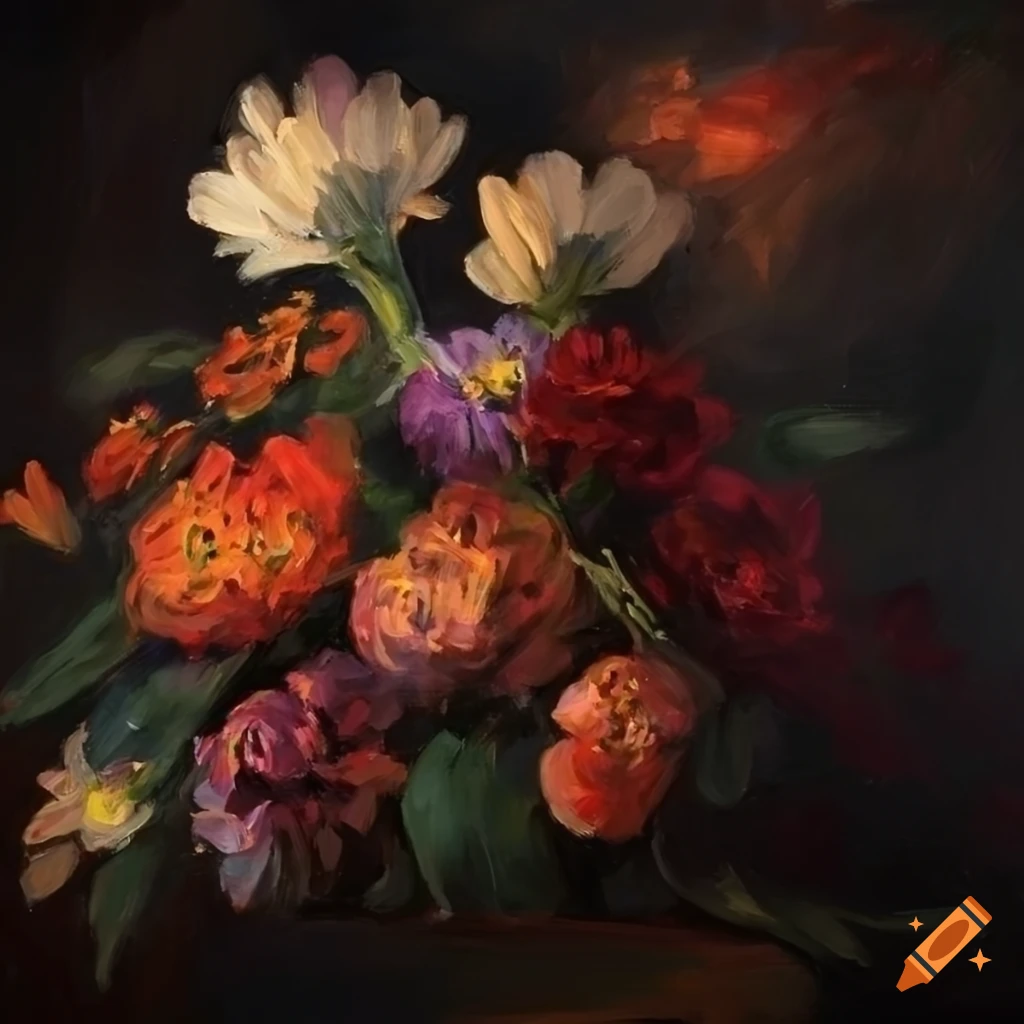Flower bed on dark background in oil painting