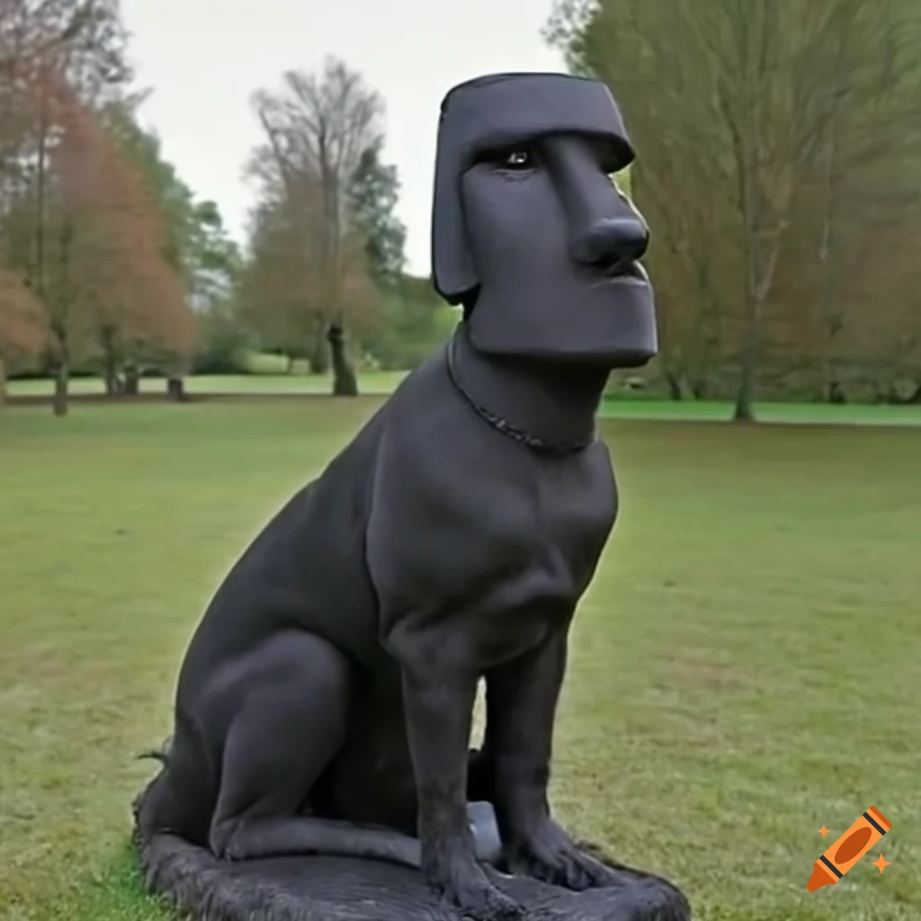 Corps of a Labrador dog with the head of a moaï