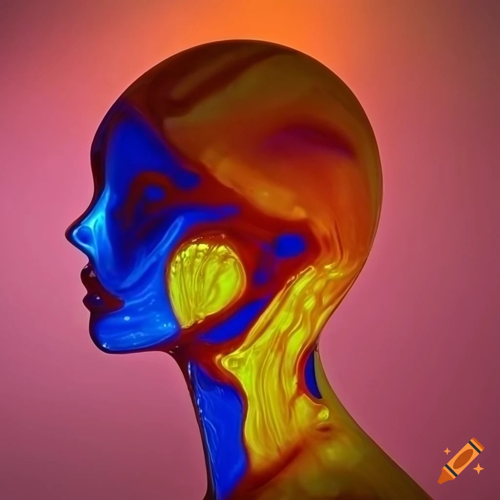 Marbled glass sculptures of women with metallic ink highlights and electrified colors