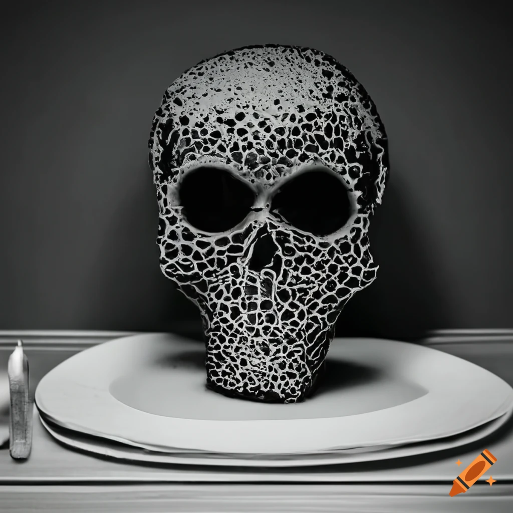 Cake shaped like a skull in black and white with a raw DIY design