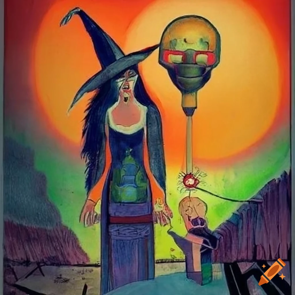 Tarot card witch in Anime and African mask style bizarre landscape with robots and aliens