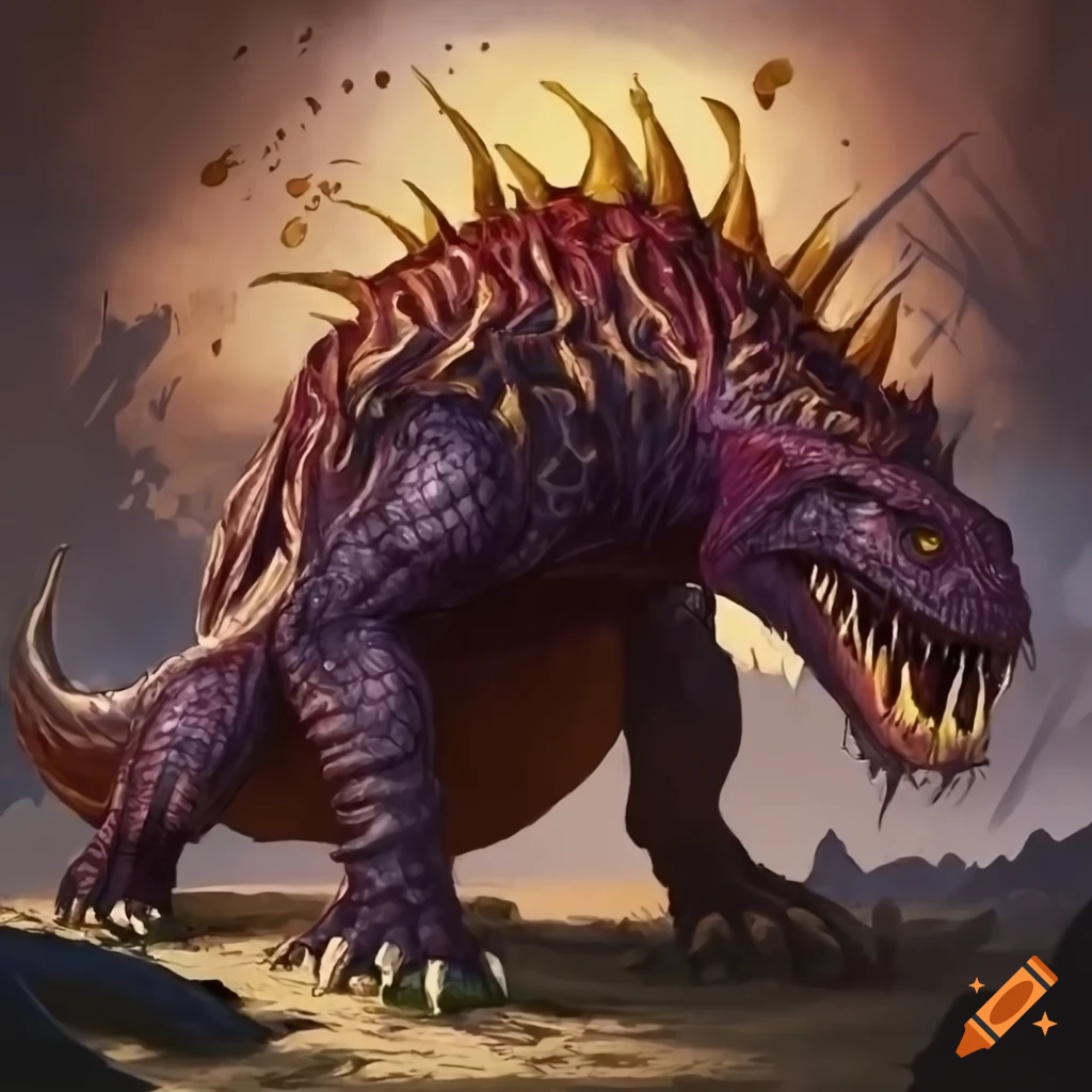 Illustration of a Gigantossaur in a colorful skin from Magic: The Gathering