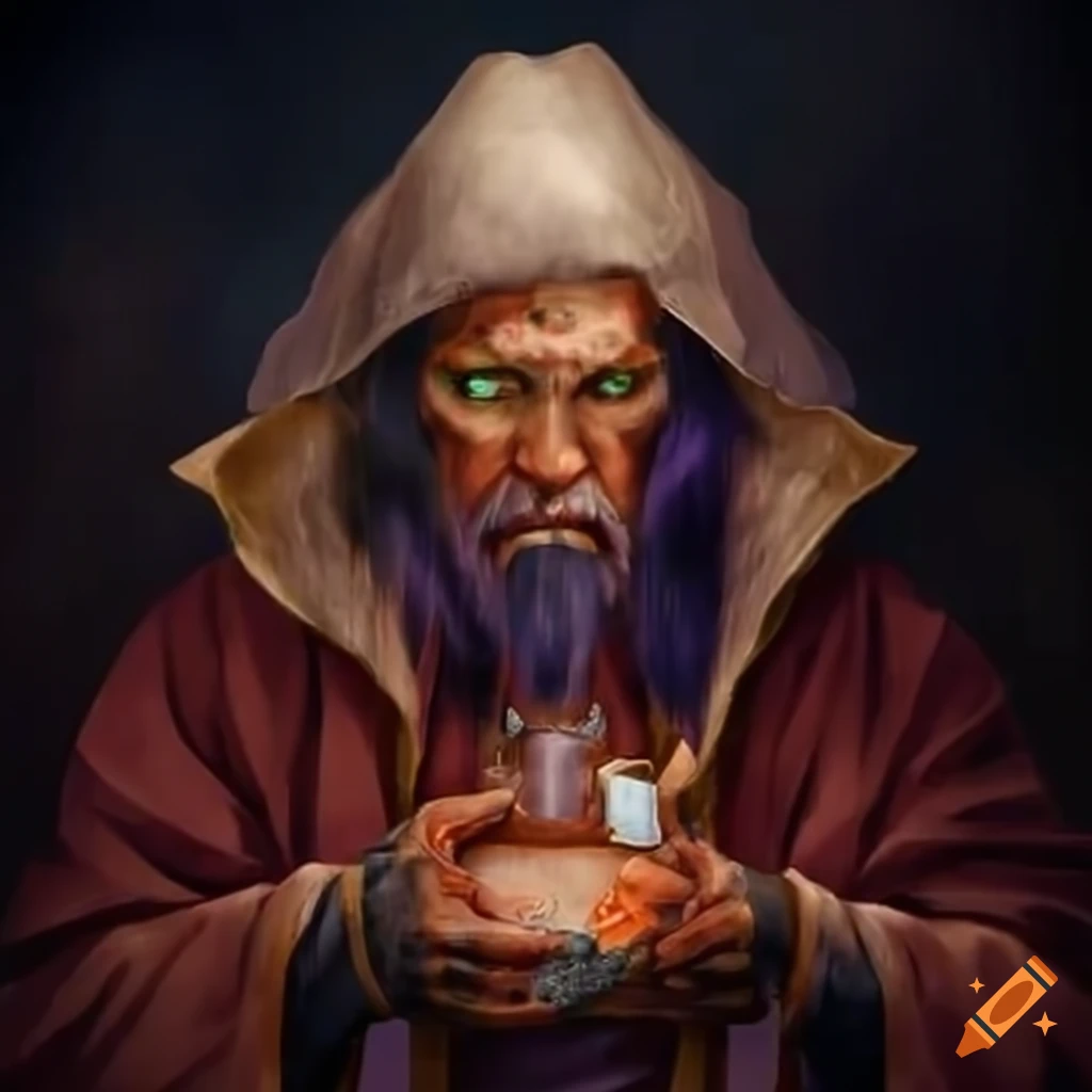 Mystic shaman in a lab coat holding alchemical flask