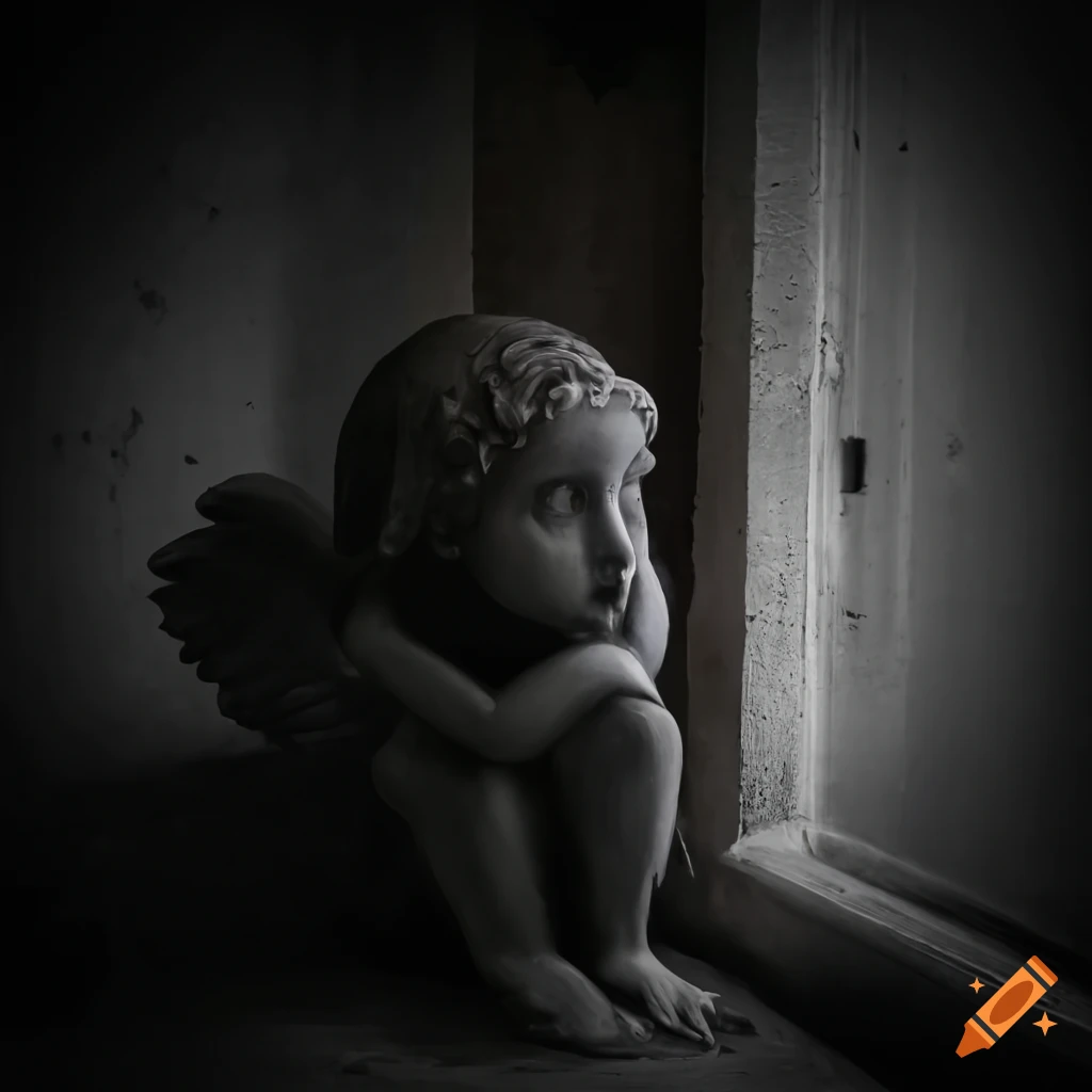 Haunting angel statue in a dark alleyway