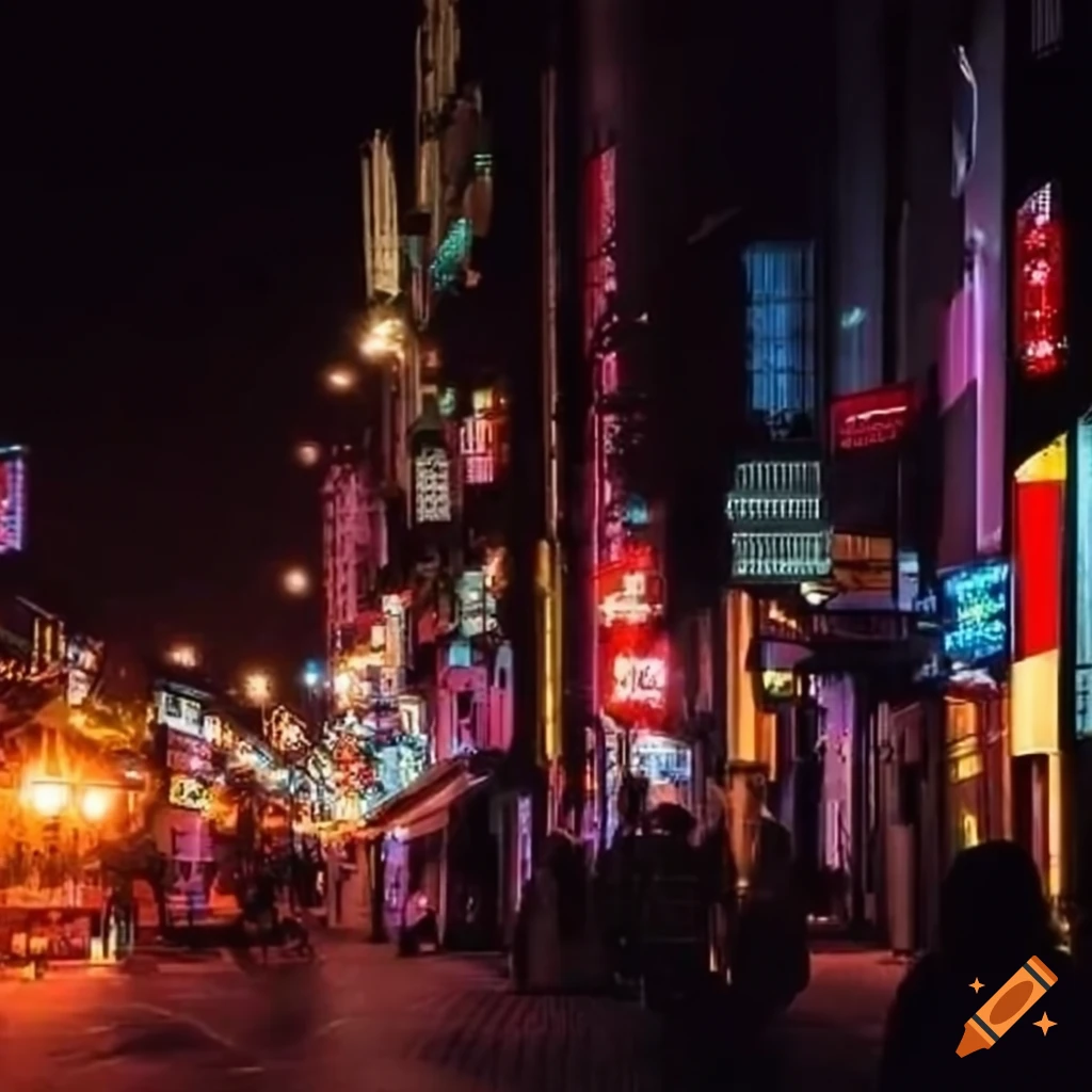 Dystopian cityscape with neon lights depicting corruption and crime