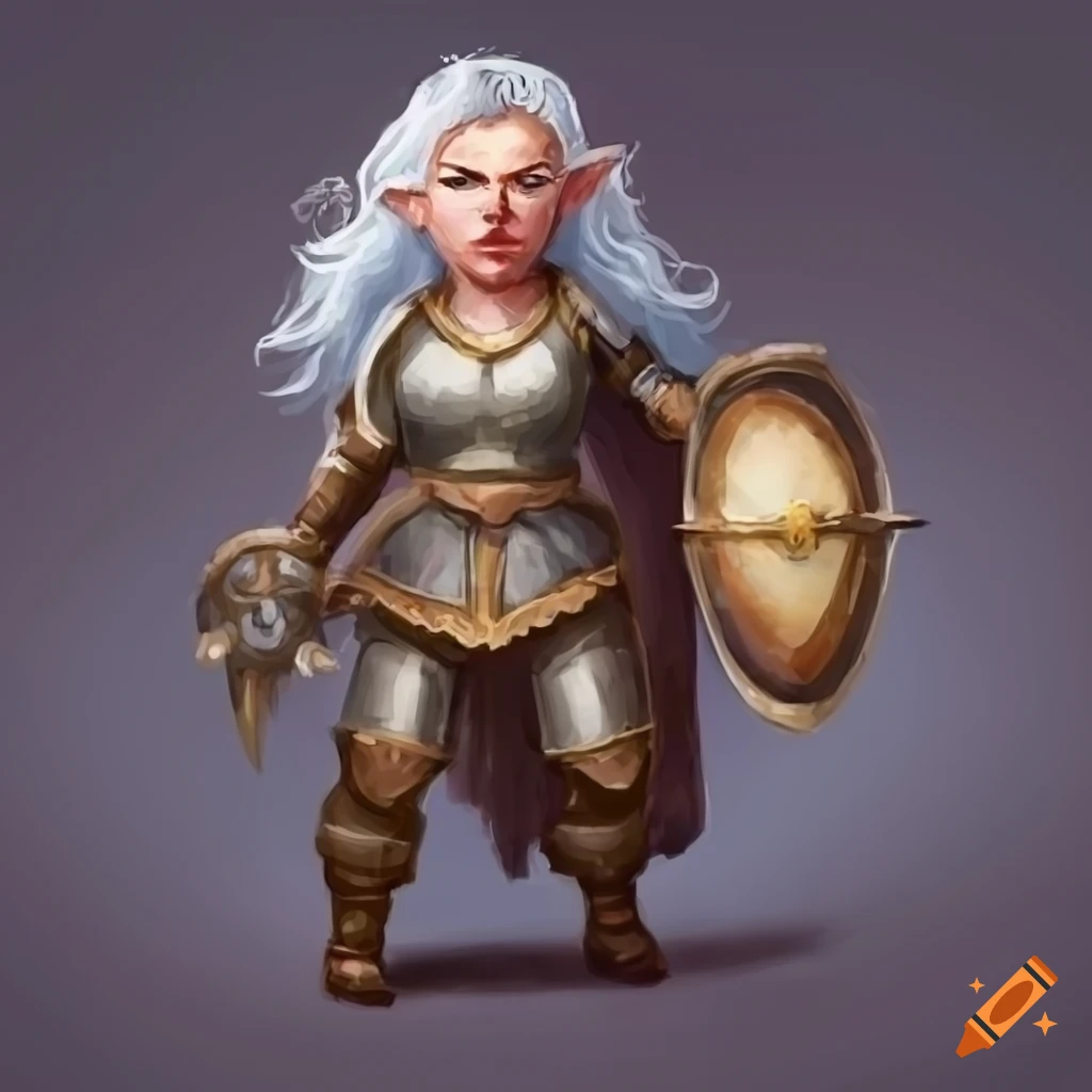 Gnome female warrior with white hair, heavy armor, and starknife