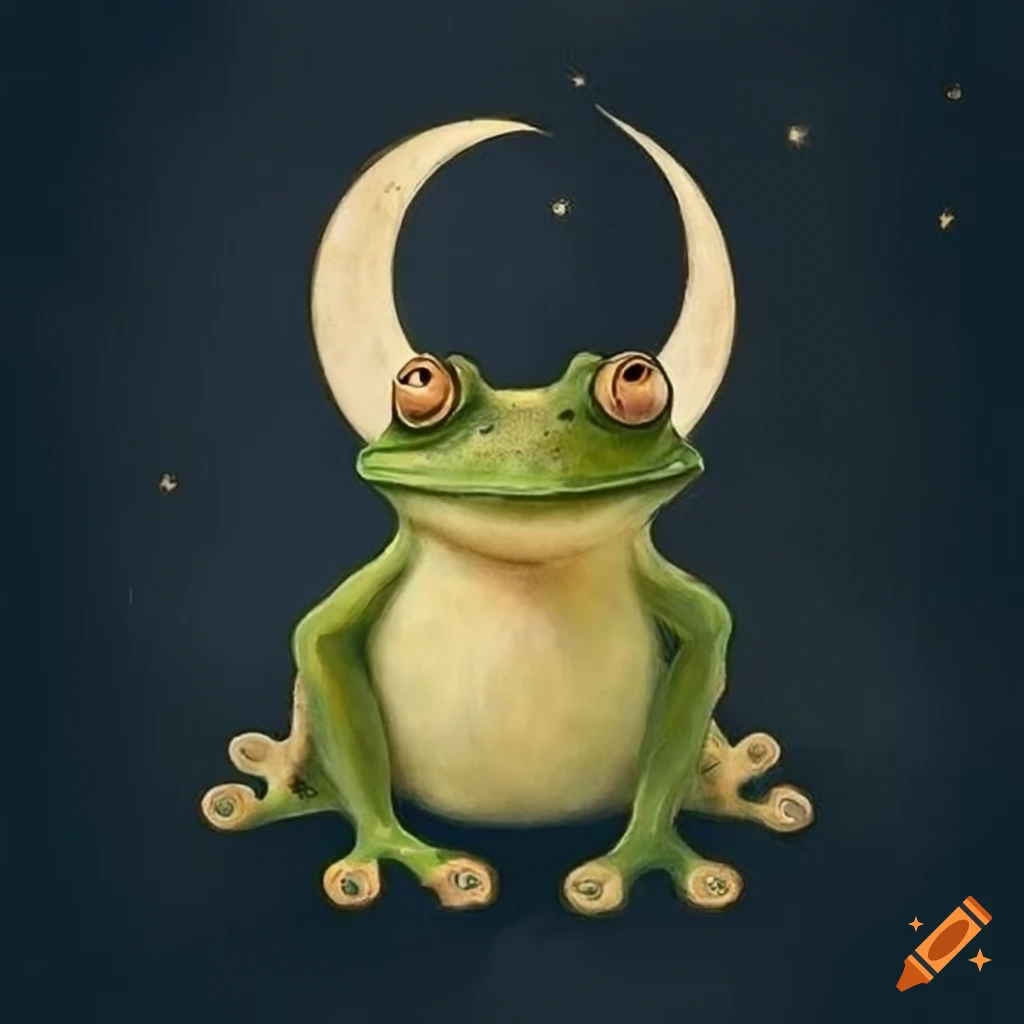 Whimsical vintage art of a charming frog with a crescent moon