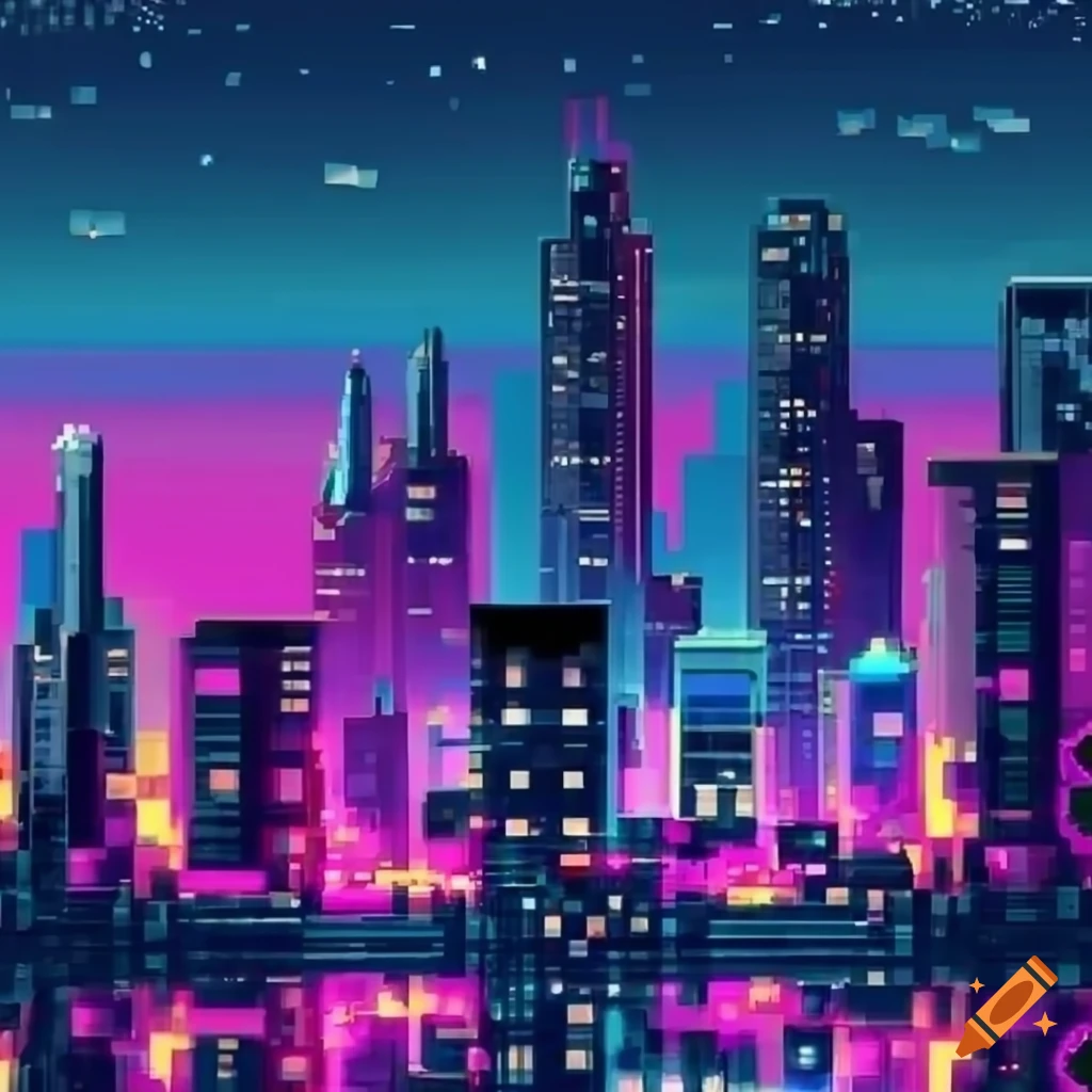 Pixel neon city landscape wallpaper