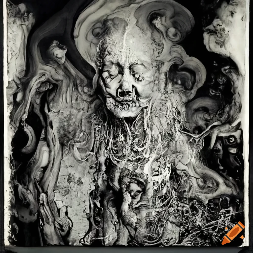 Baroque baron in a chaotic landscape inspired by John Martin and H.R. Giger
