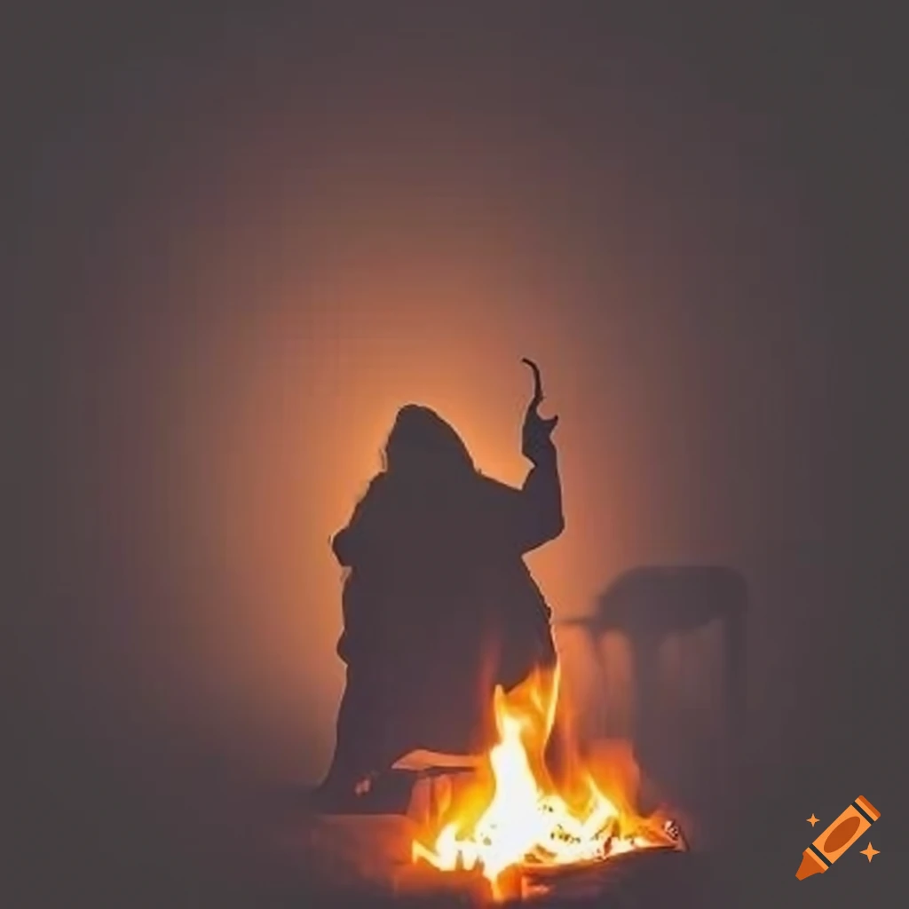 Silhouette of old sage storytelling around a campfire