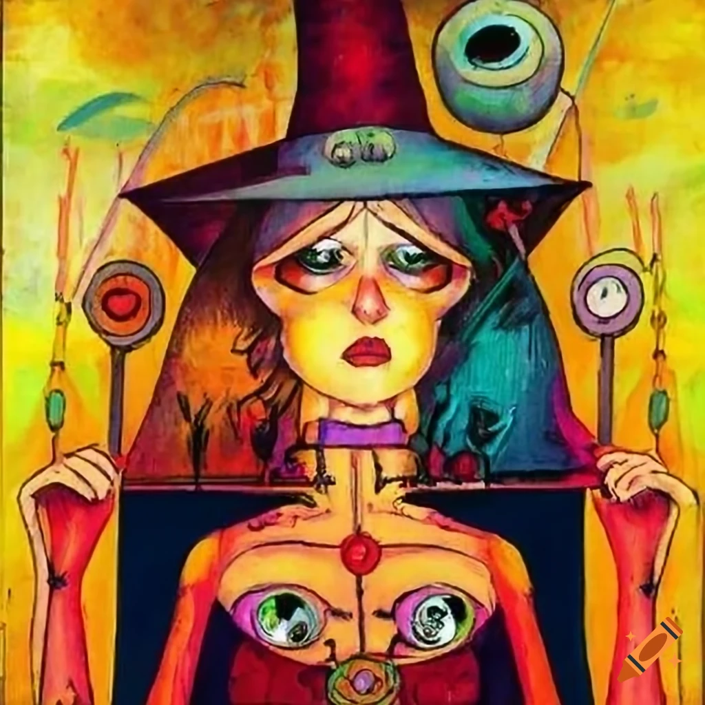 Tarot card with sad looking witch in Anime and African mask style, bizarre landscape with robots and aliens