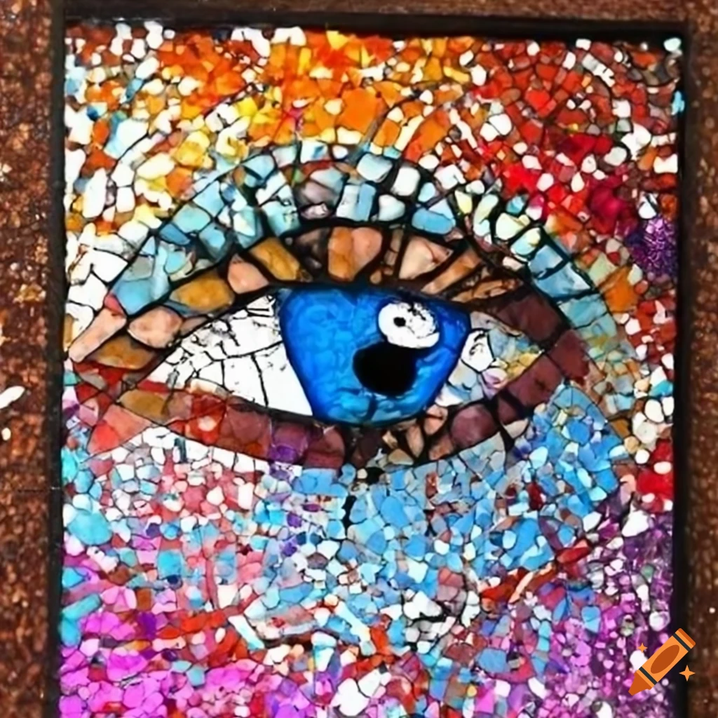 Stained glass mosaic pointillism splatter painting of an eye