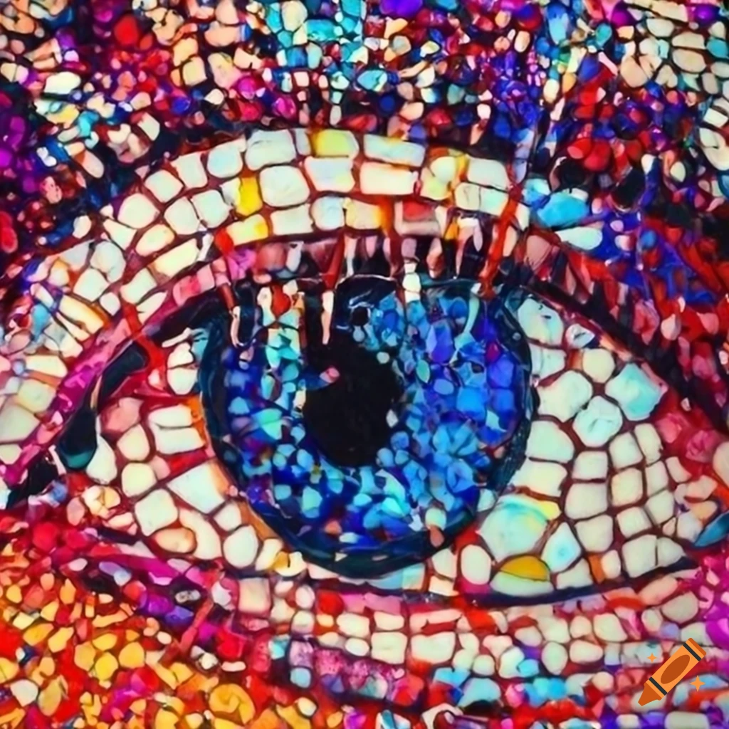 Stained glass mosaic eye painting inspired by pointillism splatter technique