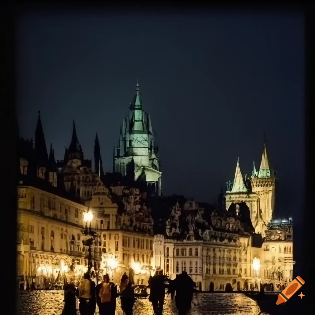 Group photo of young adults with Prague at night in the background