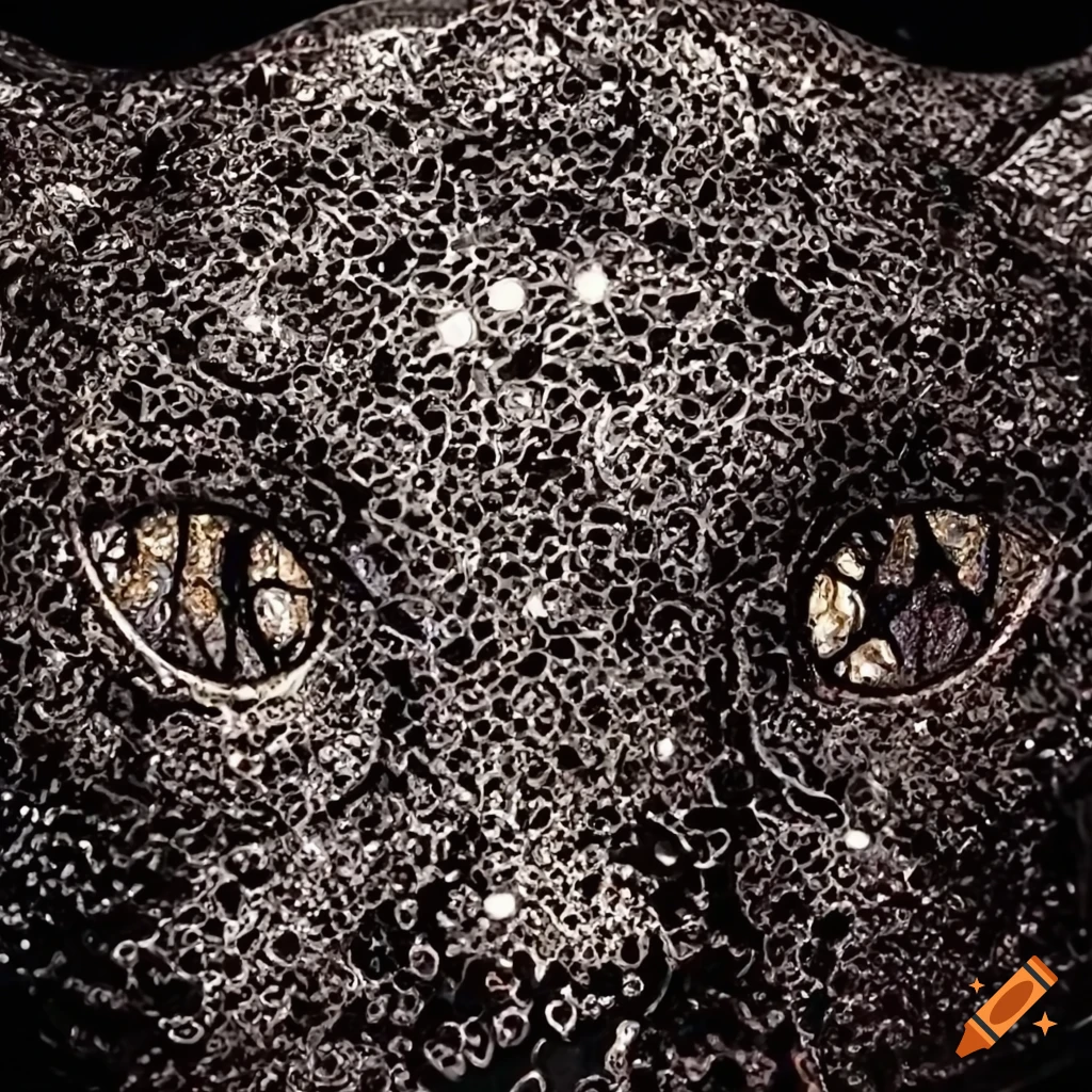 Intricate pointillism cat sculptures with metallic details