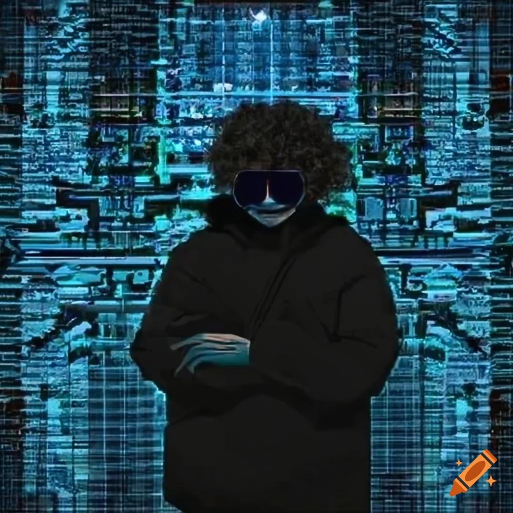 Young man with curly hair, mustache, black hoodie, and sunglasses in a futuristic cityscape