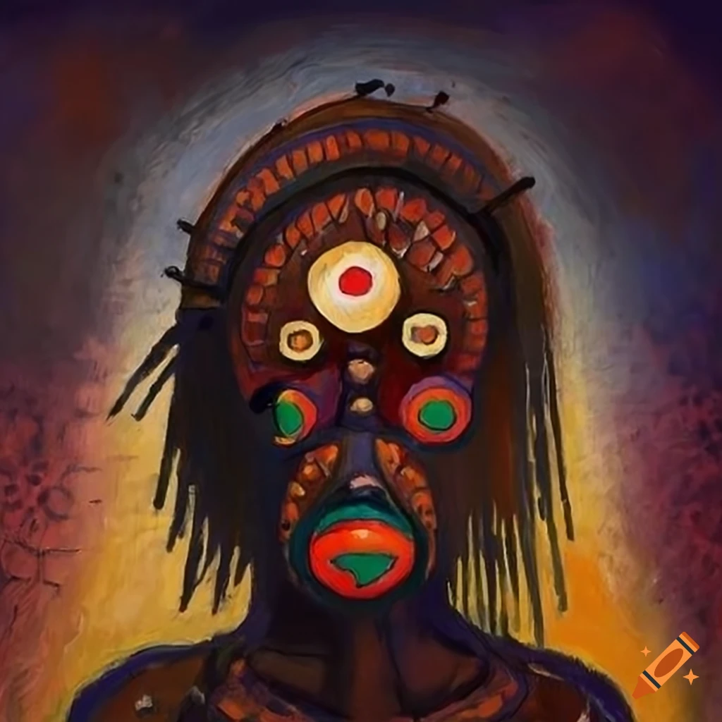 Anime in African mask style colorful bizarre landscape