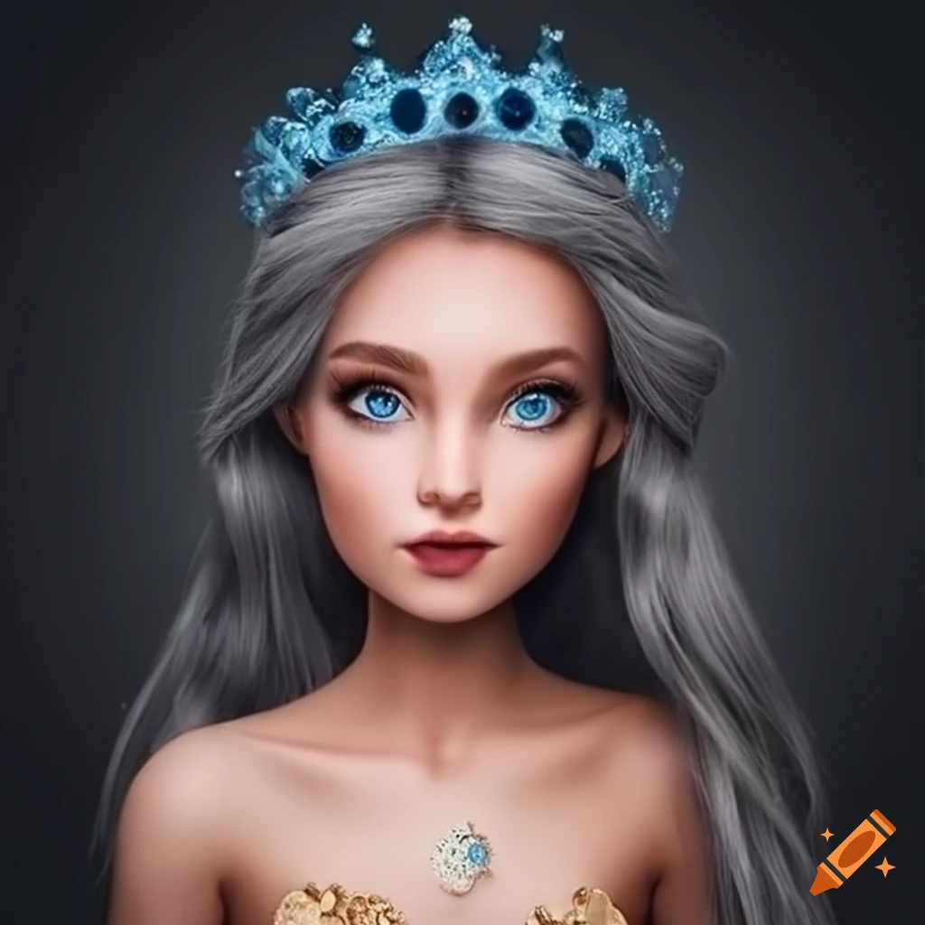 Princesse with blue eyes, long grey hair, small size, and glittery dress