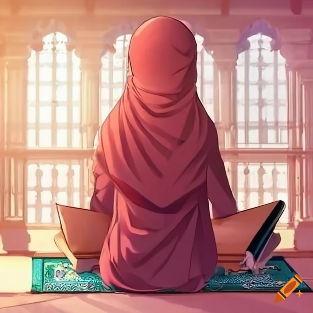 Muslim woman reading Quran in a mosque with sunlight through the window