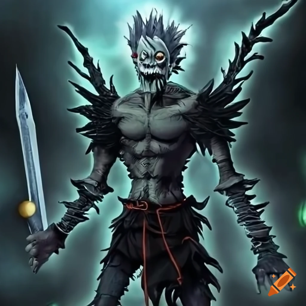 Ryuk and Dhalsim fusion in black knight armor with sword