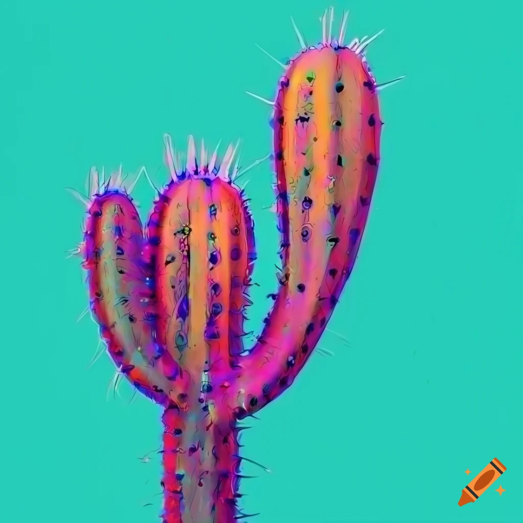 Detailed retro-futuristic prickly cactus in vibrant colors