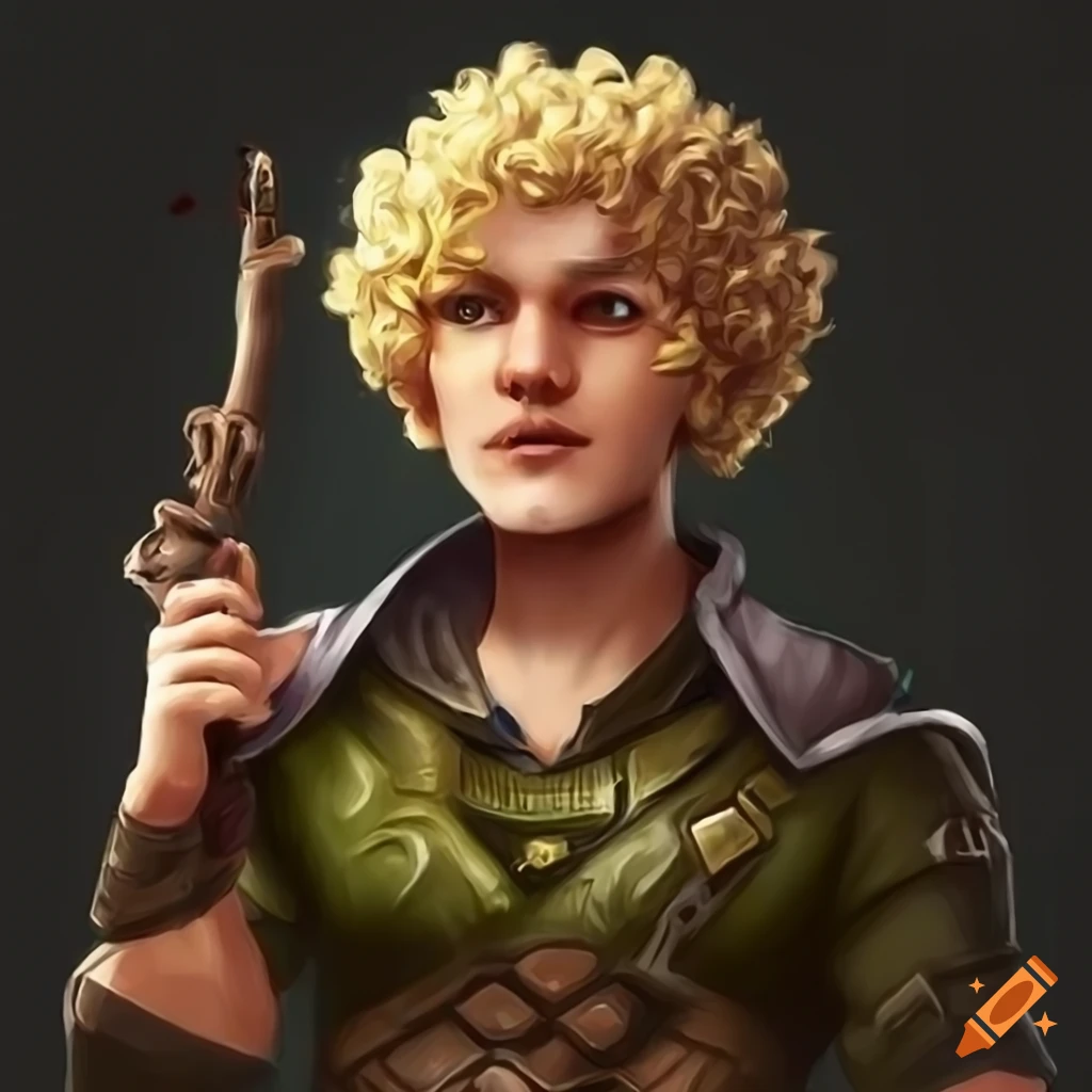 Mysterious androgynous male woodland gnome ranger with blonde hair and red eyes