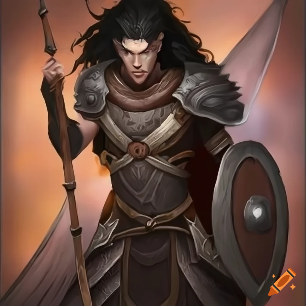 Male elf warrior with black hair, orange iris, gray skin holding a spear and shield