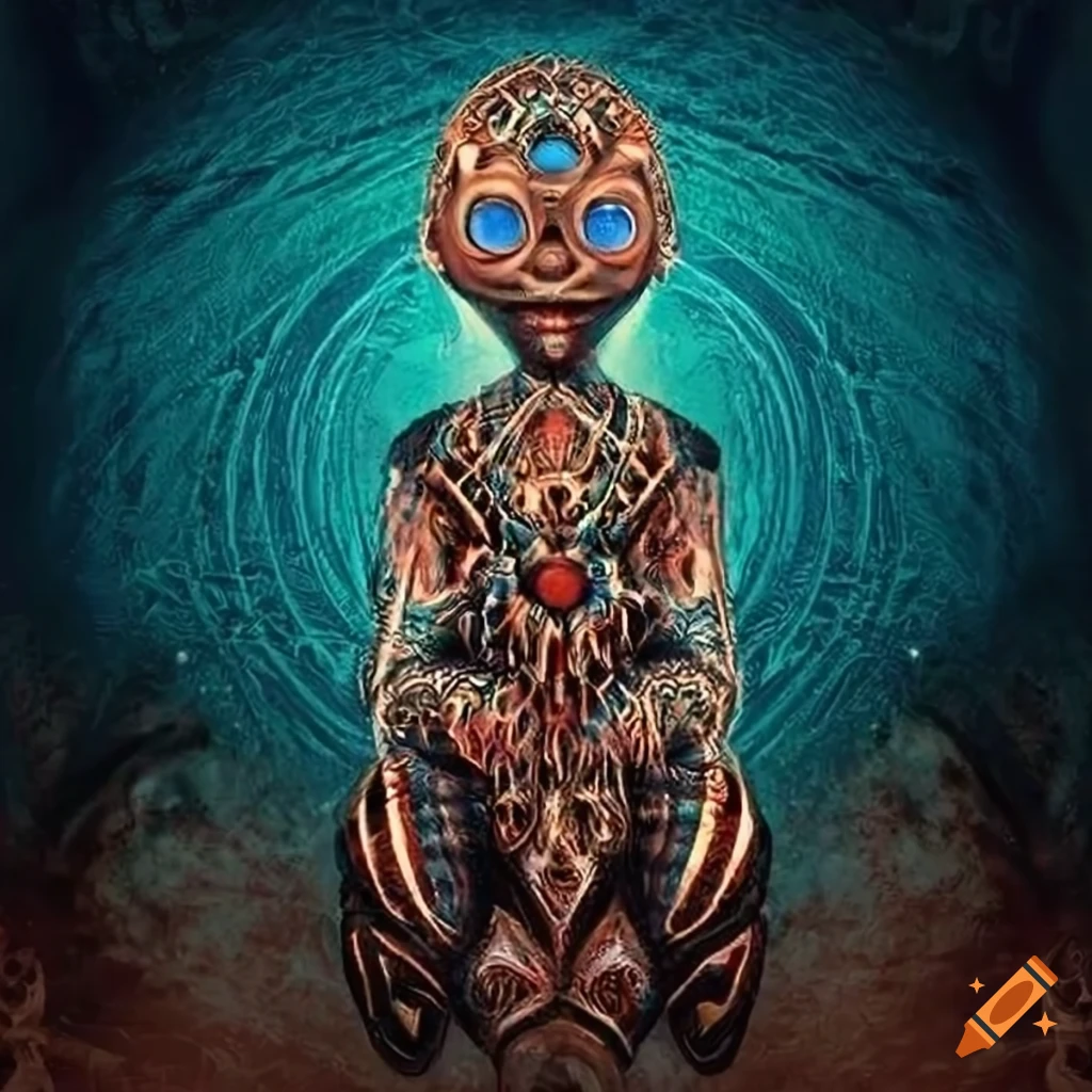 Tribal fantasy abstract art with a space man on one knee