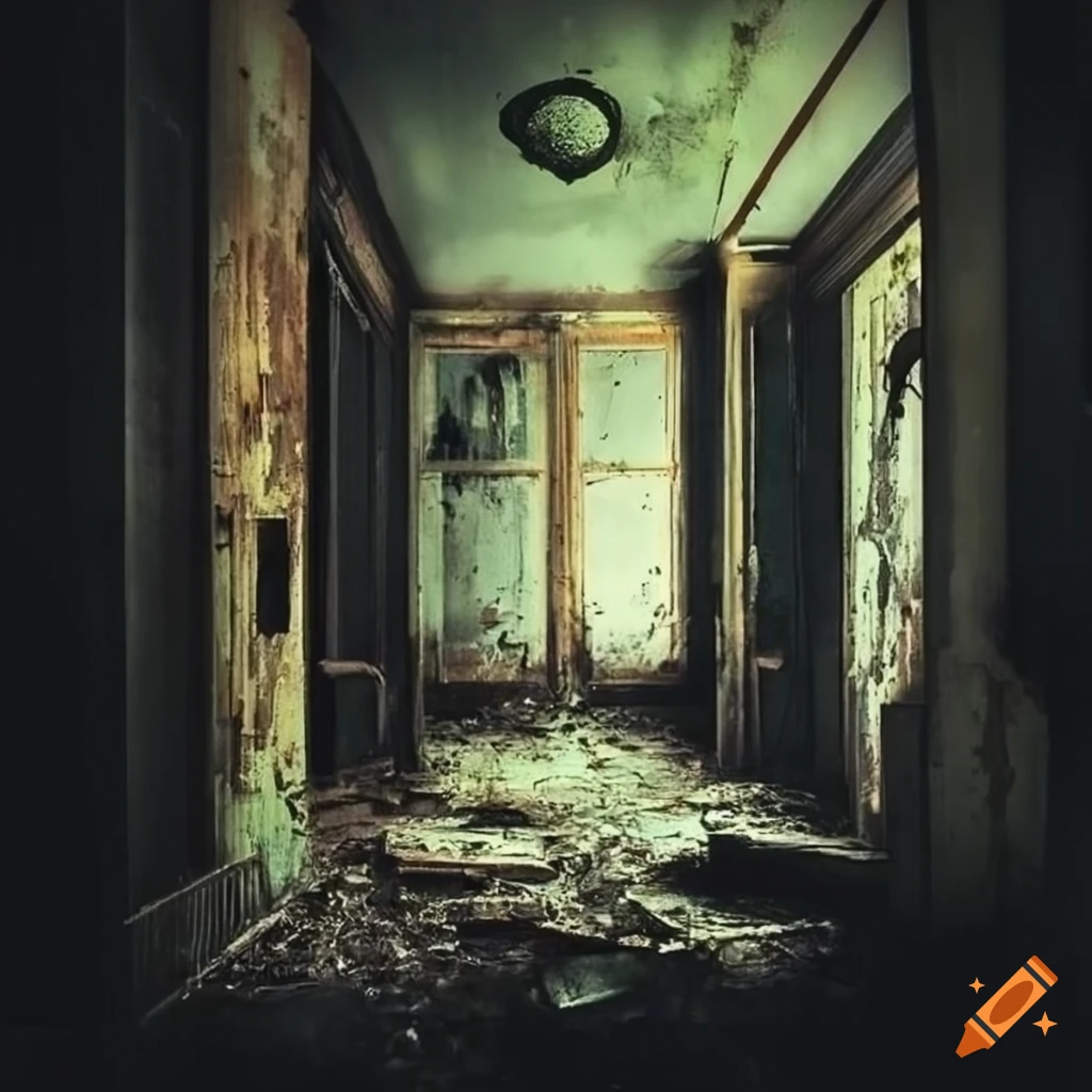Abandoned and eerie house entrance with a gloomy atmosphere