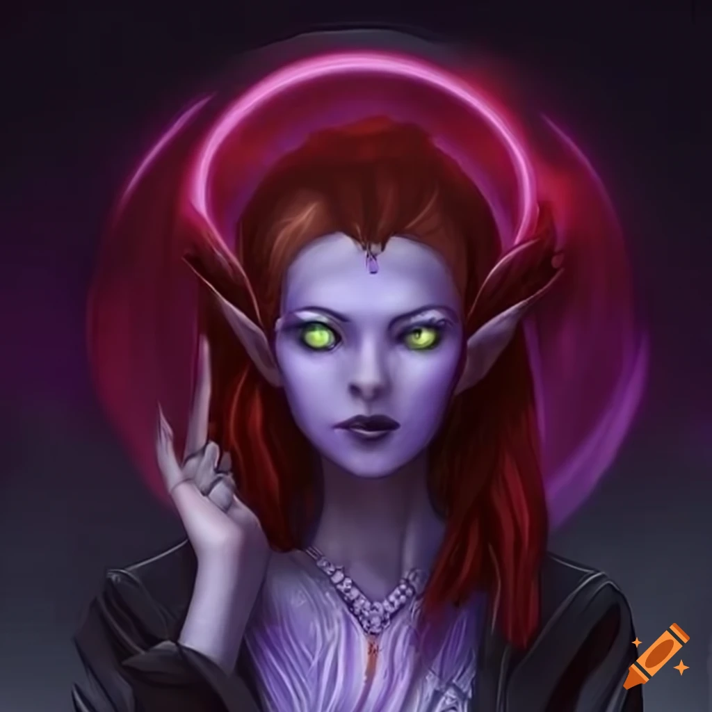 Mysterious ethereal sorceress with bluish purple skin, dark red hair, and yellow eyes