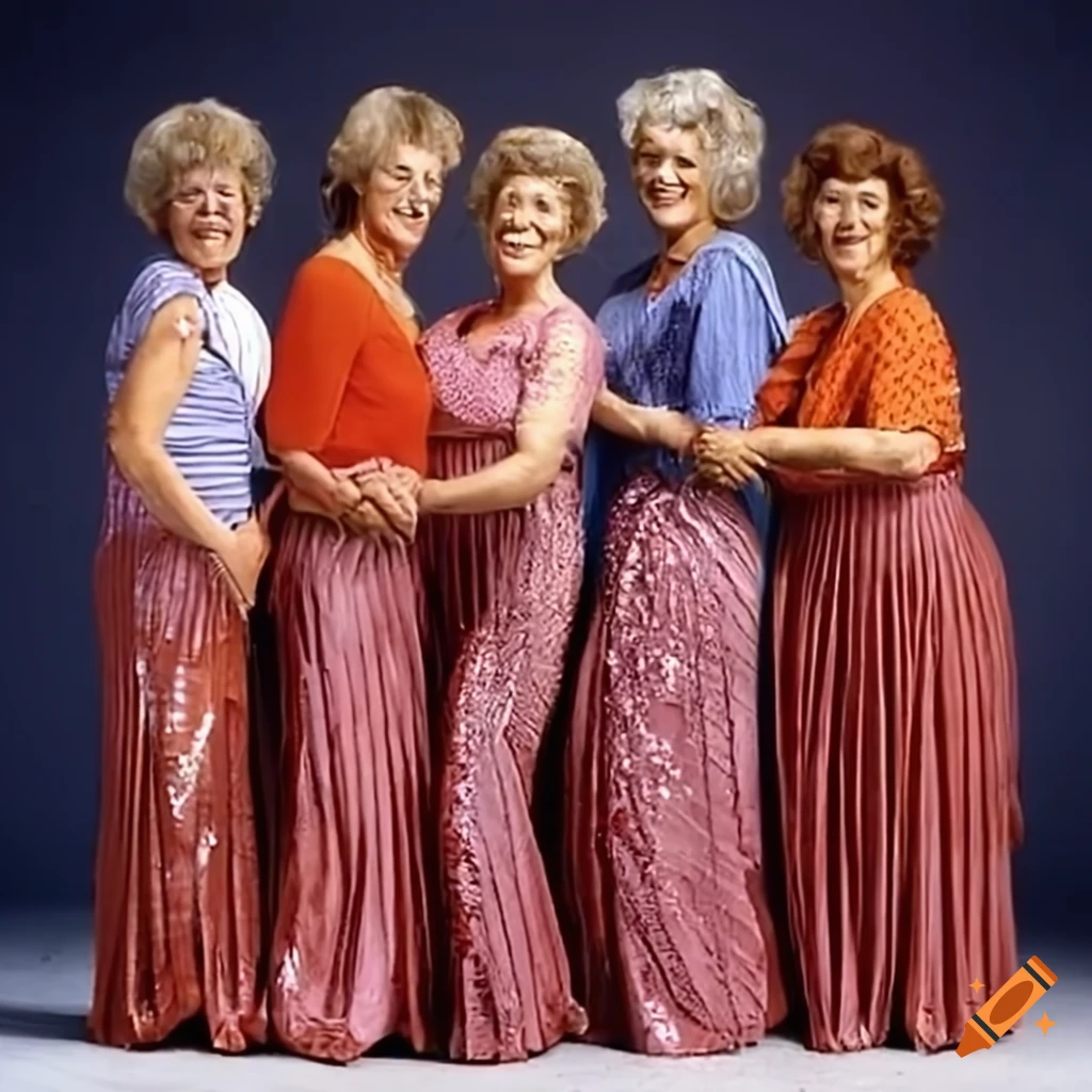 Four senior ladies in pleated Sunday clothes splashed with mud in a TV sitcom scene