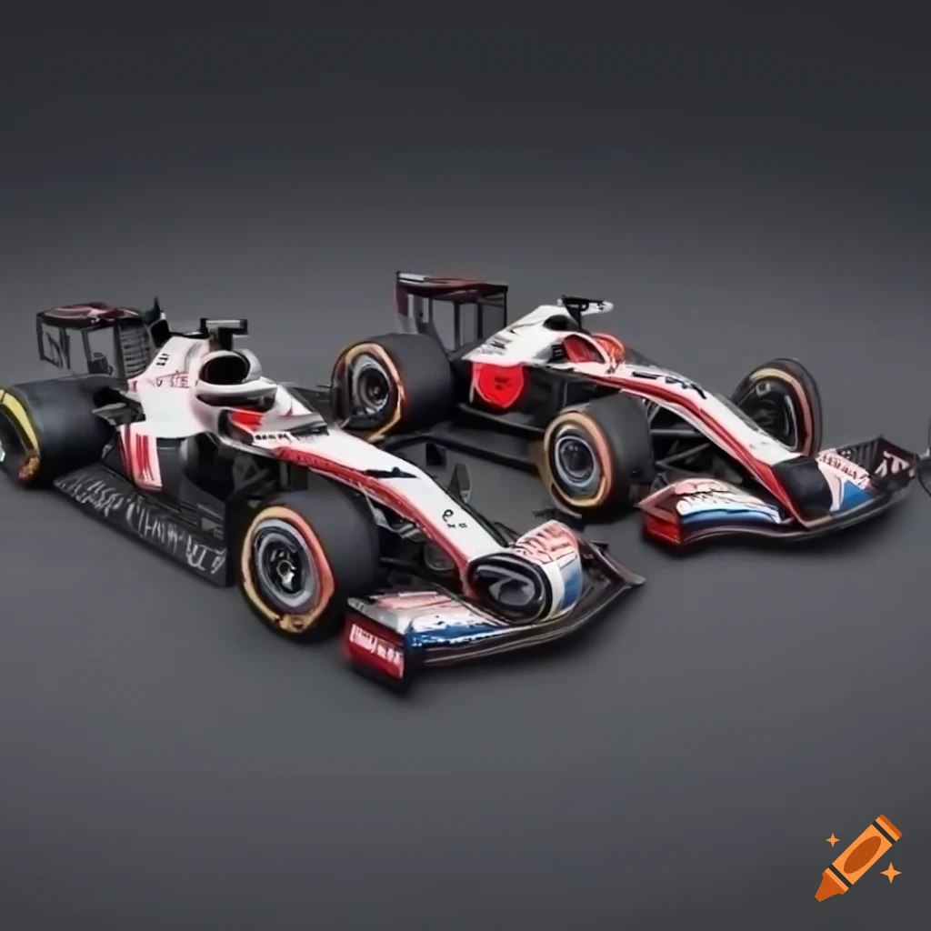 Four Haas F1 cars lined up together in a photorealistic setting