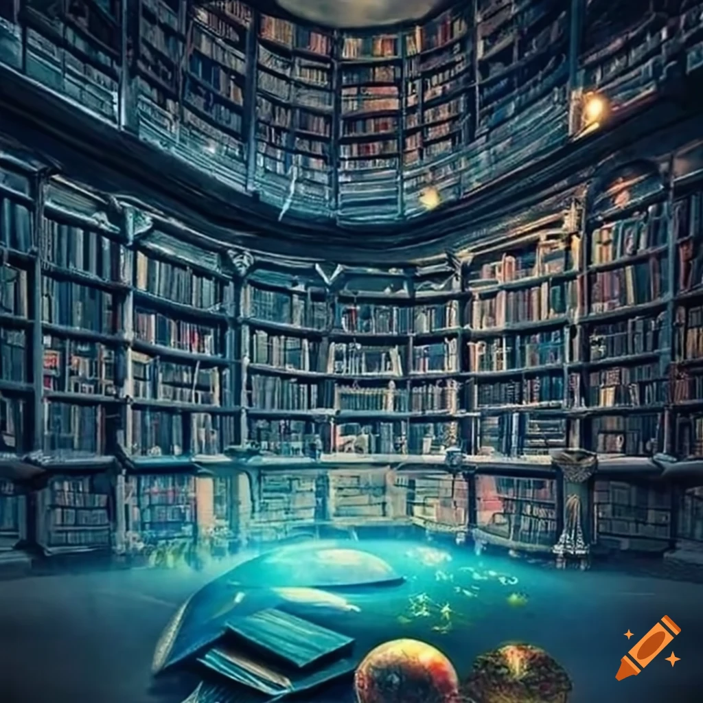 Magical library with ancient books and floating orbs of light