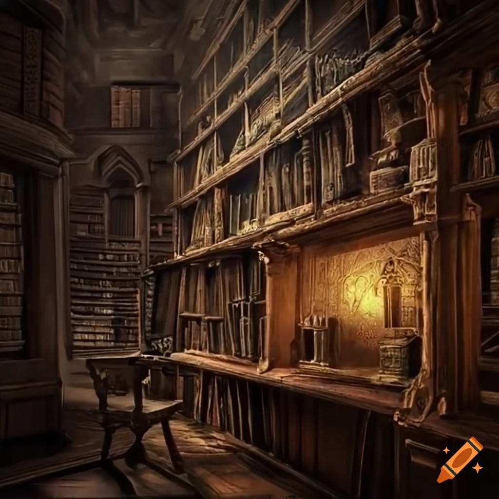 Haunted library in a church with dusty shelves and a spectral figure