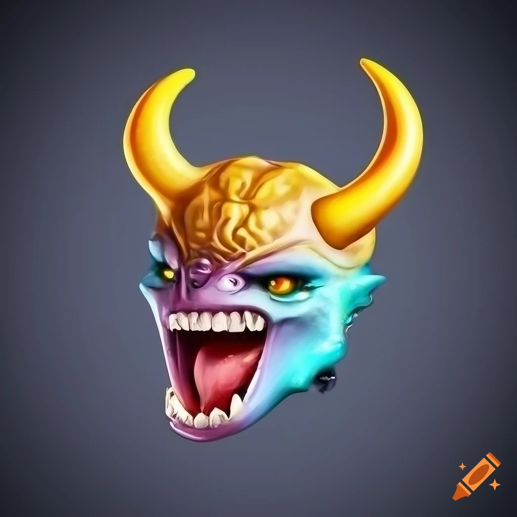 Fantasy creature with yellow eyes, earrings, horns, and sharp teeth on black background