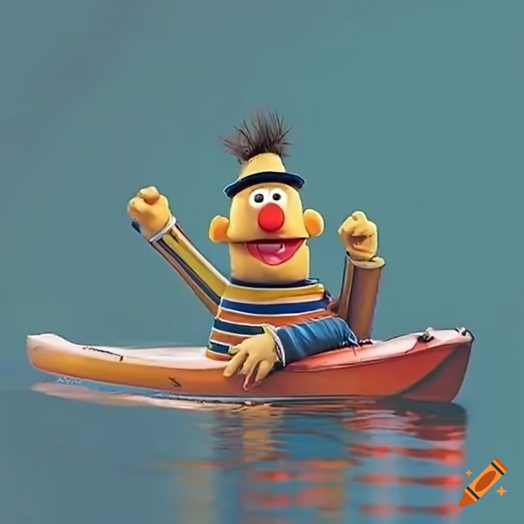 Ernie and Bert in a red 2-man kayak, one paddling forward the other backward