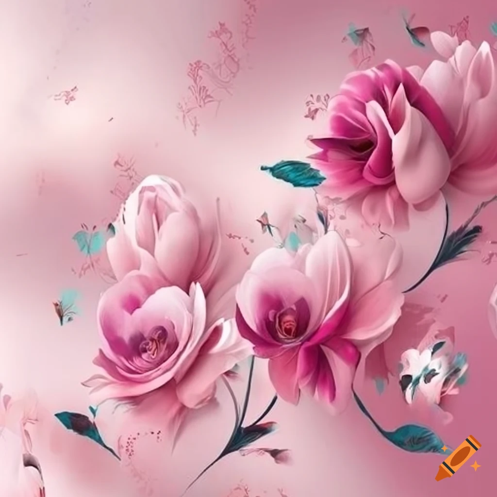 Teal and pink floral seamless wallpaper in 3D design