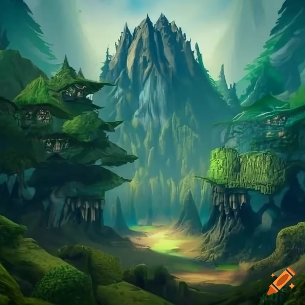 Mystical dwarven mountain with an academy at its peak in a lush forest setting