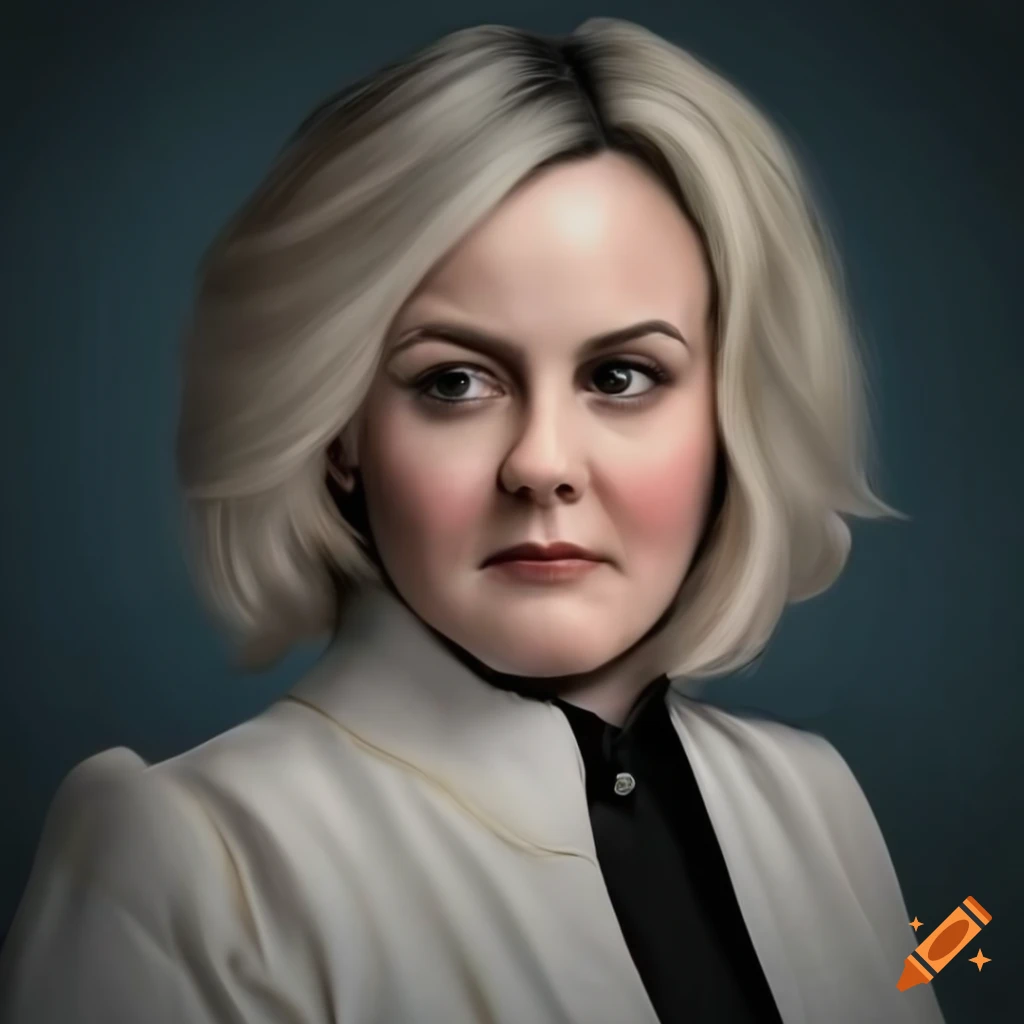 Portrait of a plus size mature woman resembling Alicia Silverstone in a white military uniform
