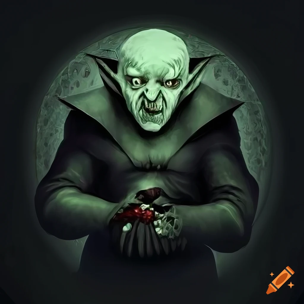 Dark fantasy joyful obese nosferatu with round features and a huge belly in digital art