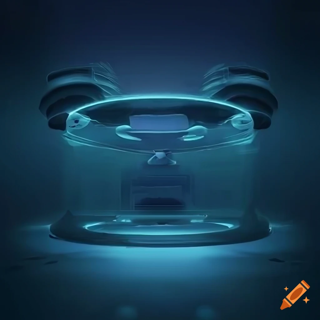 Future medical experimentation laboratory with a squid in a clear tank, darkly lit