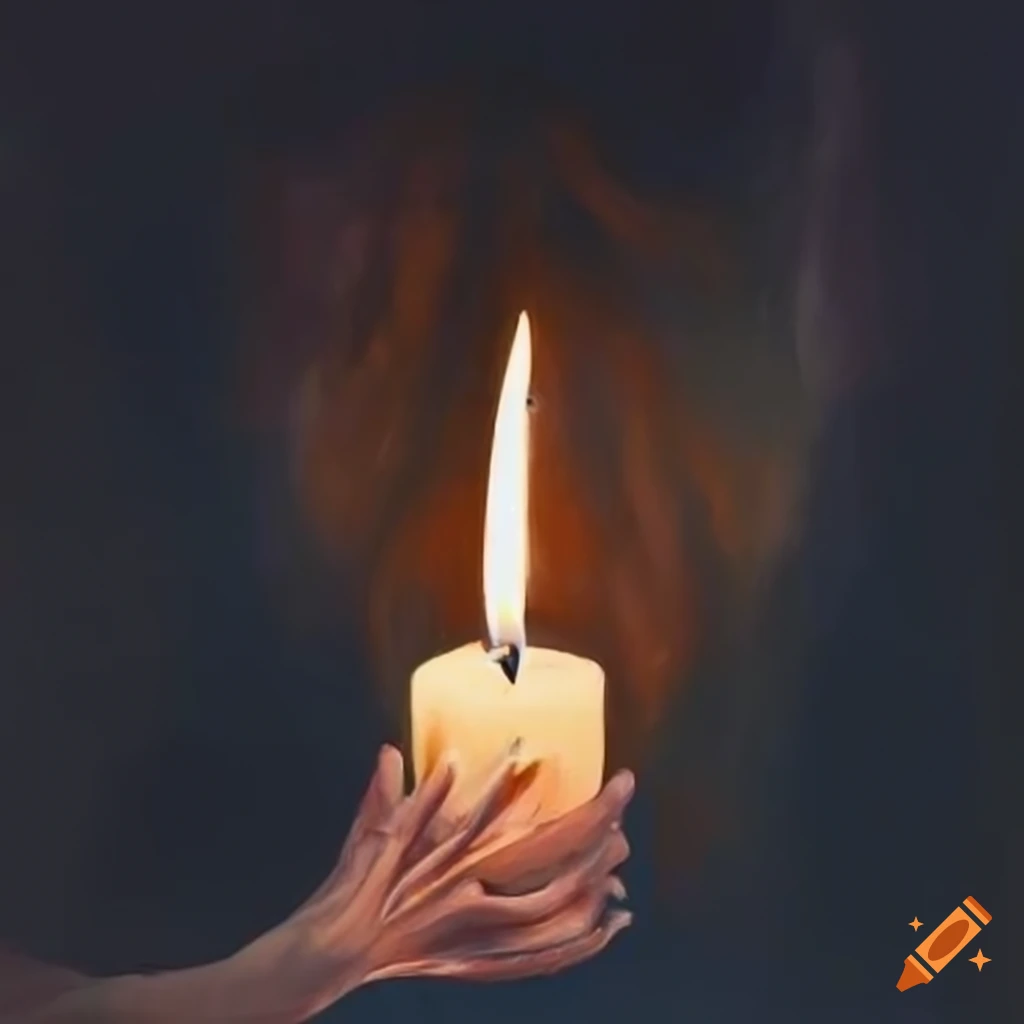 Hand gently holding a lit candle in an oil painting