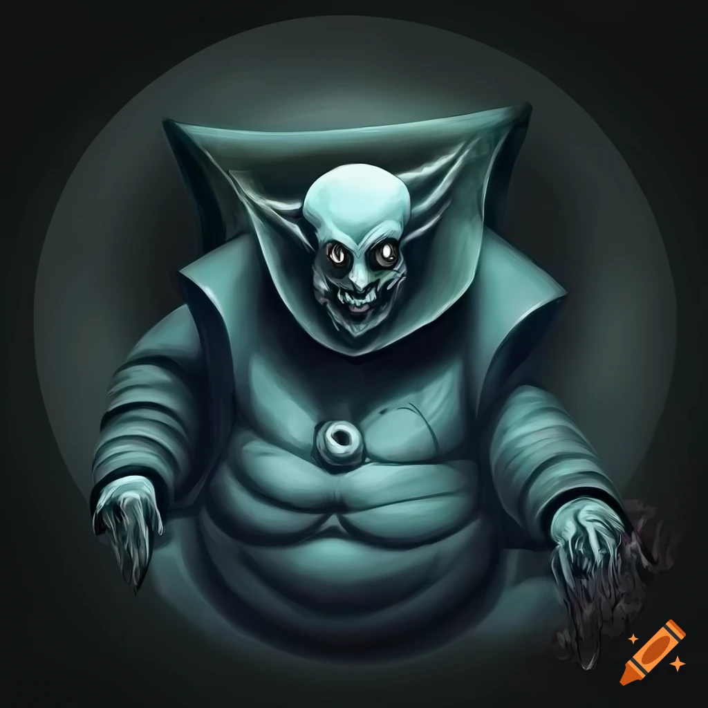 Joyful obese nosferatu with round features and huge belly in a dark fantasy setting